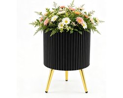 COSTWAY Bloempot metaal, ronde plantenbak & kruk met poten (1 stuk) | Ø 35 x H 53,5 cm, bloempot met drainagegaten, plantenbak voor tuin, woonkamer, modern, zwart + goud