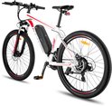 Zijaanzicht van een witte elektrische mountainbike met rode details, 27,5 inch wielen en een accupakket op het frame.