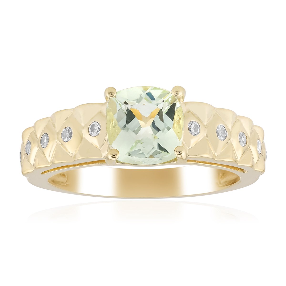 Cavill - Gouden Ring 9K Geelgoud met 1,088 ct Groene Beryl Antiek Kussen & 10x Zirkonia Rond 0,187 ct - Elegante Braziliaanse Beryl Sieraad