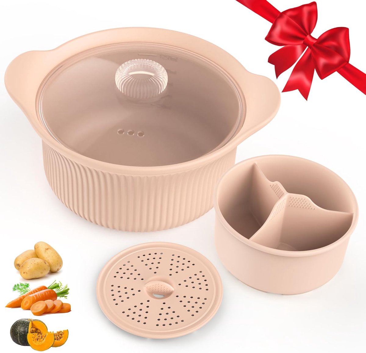 Siliconen stoommandje van 1,2 liter voor de magnetron, opvouwbaar voor het koken van groenten, zeevruchten, soep, restjes, rijst, BPA-vrij, klein stoommandje met handvat en deksel, vaatwasmachinebestendig (blauw), 1 stuk