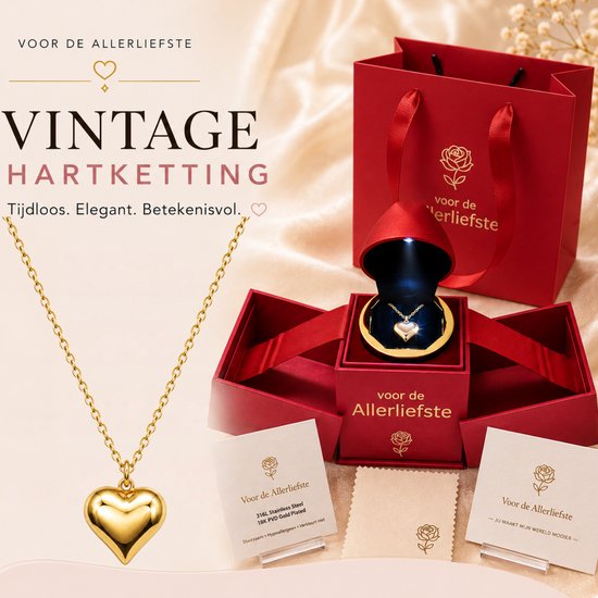Gouden vintage hartvormige ketting, gepresenteerd in een rode geschenkdoos met lichteffect, rode geschenkzak en informatiekaart.