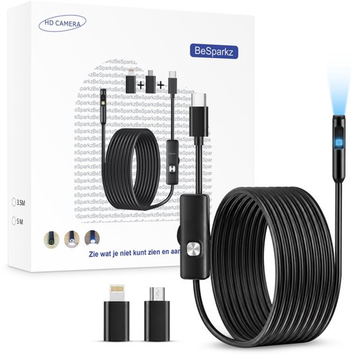 BeSparkz Endoscoop 3.5m - geschikt voor USB-C en Lightning Smartphones - Inspectiecamera -- 8mm kop - 3.5M kabel - waterproof - 8 LED Verlichting