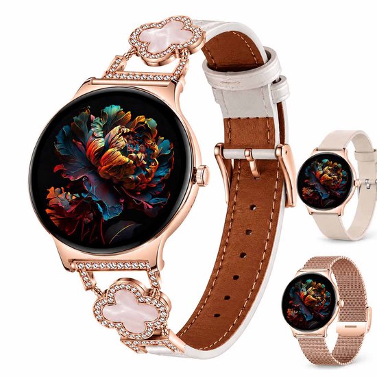 Hibousee Smartwatch voor Dames met Bluetooth Bellen, Gezondheid & Fitness Tracker – Stappenteller, Hartslagmeter, Slaapmonitor – iOS & Android - Incl 3 bandjes