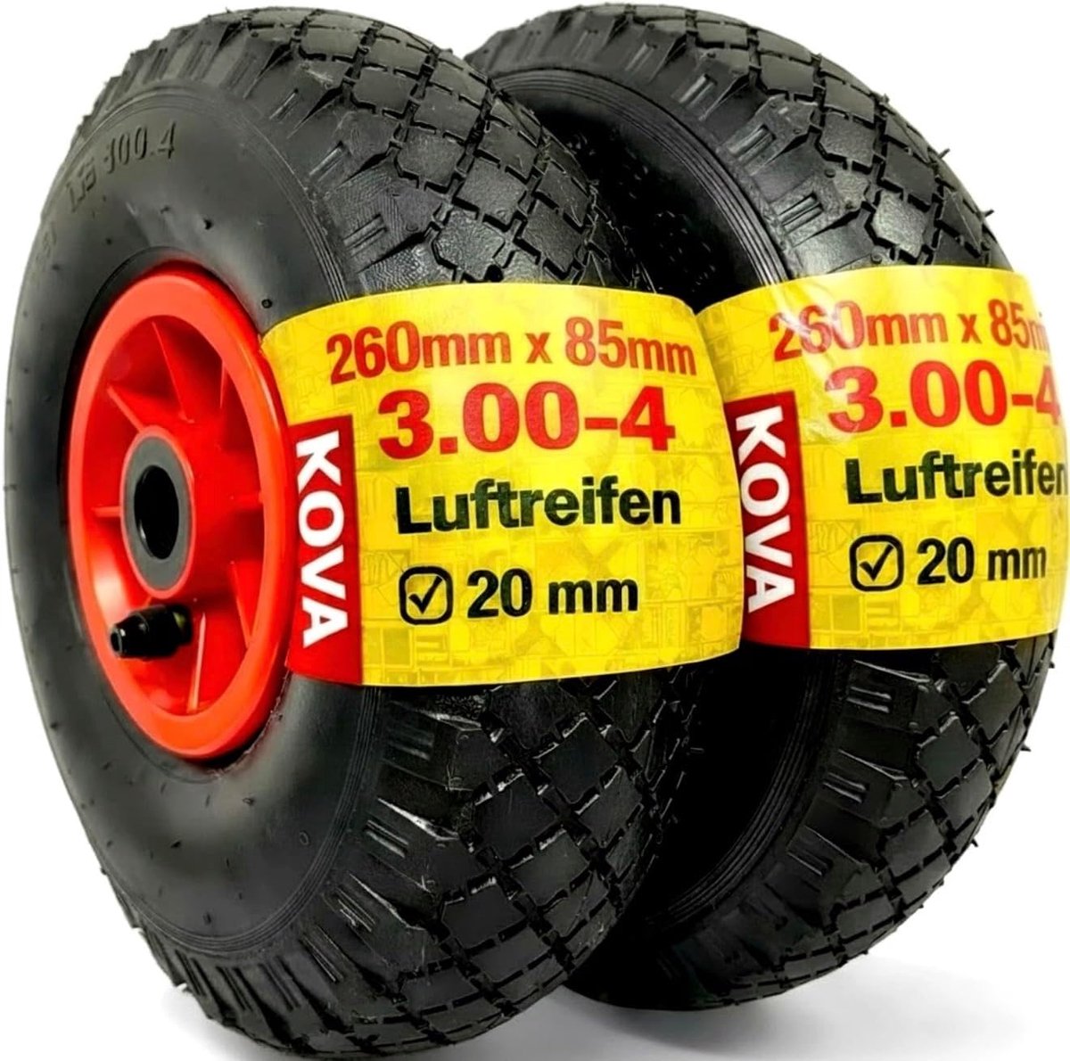SnelShoppen - 2 x Steekwagenwiel met Luchtbanden 3.00-4 | 260 x 85 x 20 | Lekbestendige Massief Rubber | Zwart/Rood | Reservewiel met Rollagers en Hoe