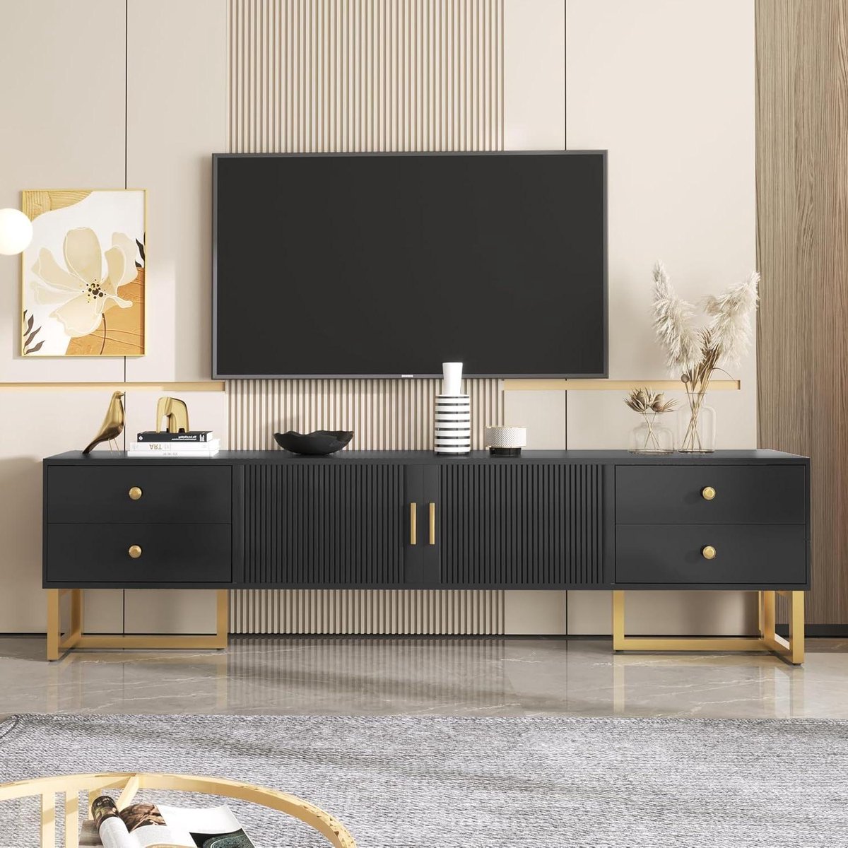 TV-kast - Mediameubel Opbergkast - Woonkamer Organiseren - Gestructureerde Deur - 175 cm Breed - Zwart