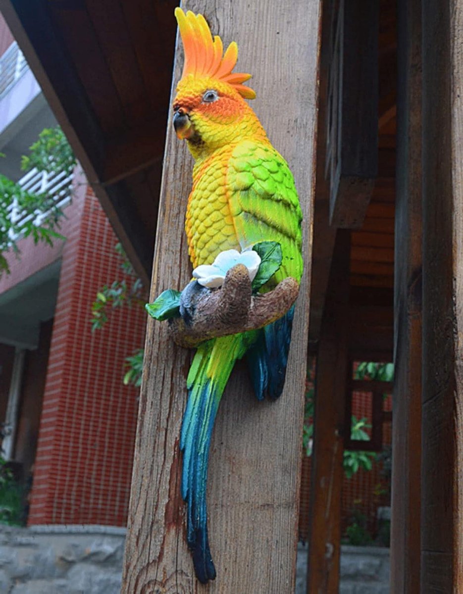 Papegaai Decoratie - Vogel Figuur - Buiten Versieren - Handgeschilderd Uniek - 38 cm Hoog - Geel