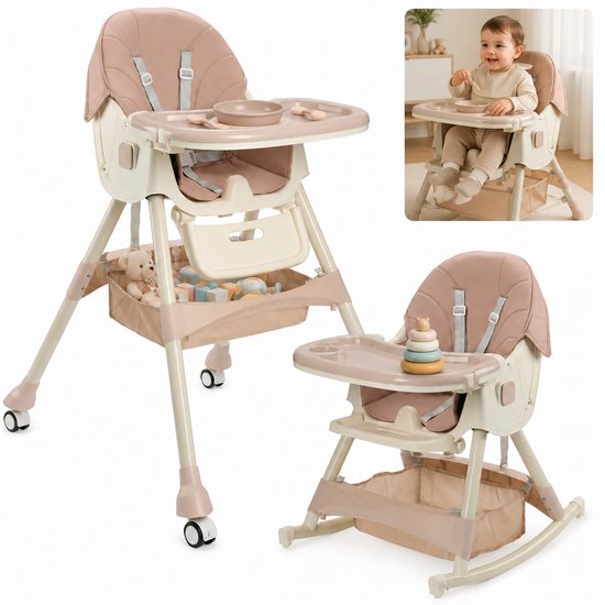 ComfyKidz® Inklapbare 4 in 1 Kinderstoel met Schommelfunctie - Met Voetensteun - Meegroeistoel met Opbergmand - 6 Maanden tot 5 Jaar - Peuterstoel - Baby Eetstoel met Wieltjes - Roze