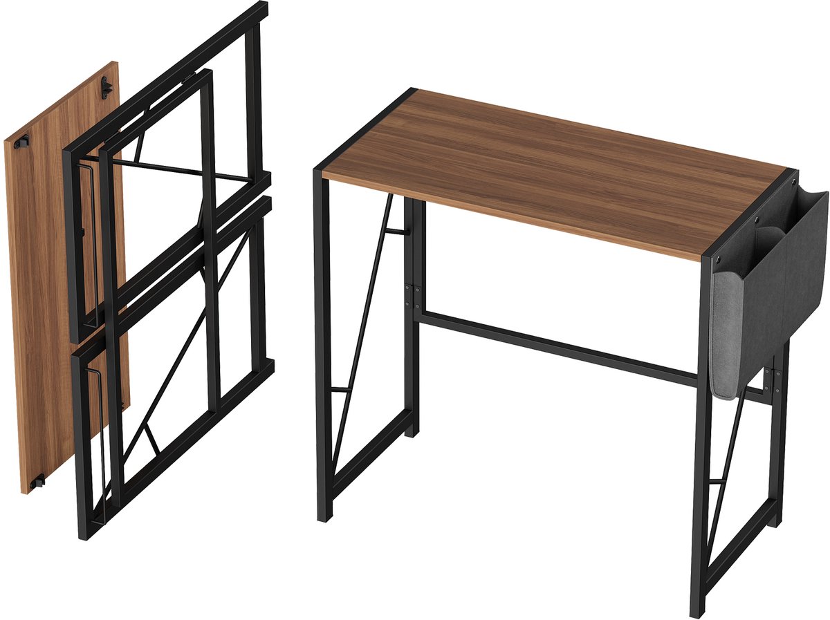 Opvouwbaar computerbureau bruin 40x80x72 cm, schrijfbureau 80cm met zijvak en haken, eenvoudig te monteren thuiskantoor bureau voor slaapkamer en balkon