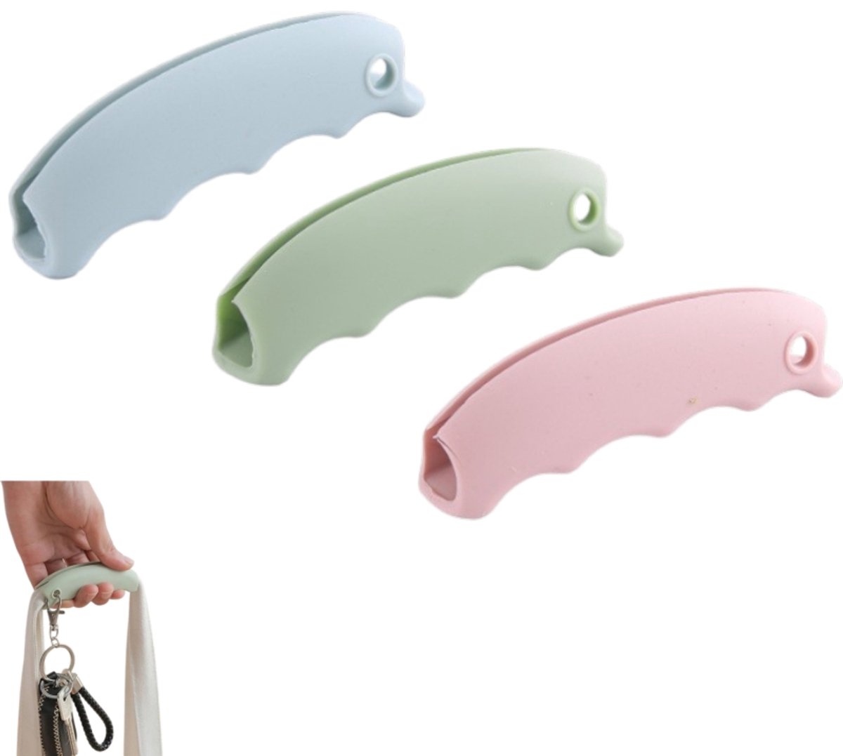 3 stuks-Handvat van plastic tas - Siliconen - Handvat voor het gemakkelijk dragen van etenswaren - Handvat voor boodschappentas - Verstevigend handvat - Geschikt voor thuis, tijdens het winkelen en buitenshuis - Groen - Roze - Blauw - 9 x 2,5 cm