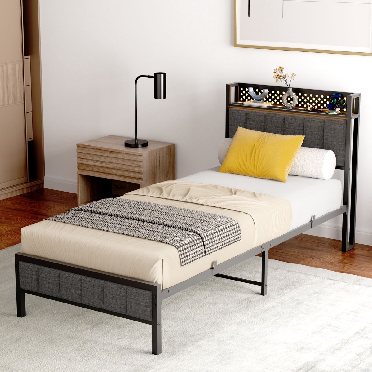 DESMIU Metalen Bed 90x200cm – Bed Met Oplaadfunctie En Usb In Het Hoofdbord – Hoofdbord Met Opbergruimte – Voor Slaapkamer – Metaal En Stof – Zwart – Zonder Matras Eenpersoonsbedden