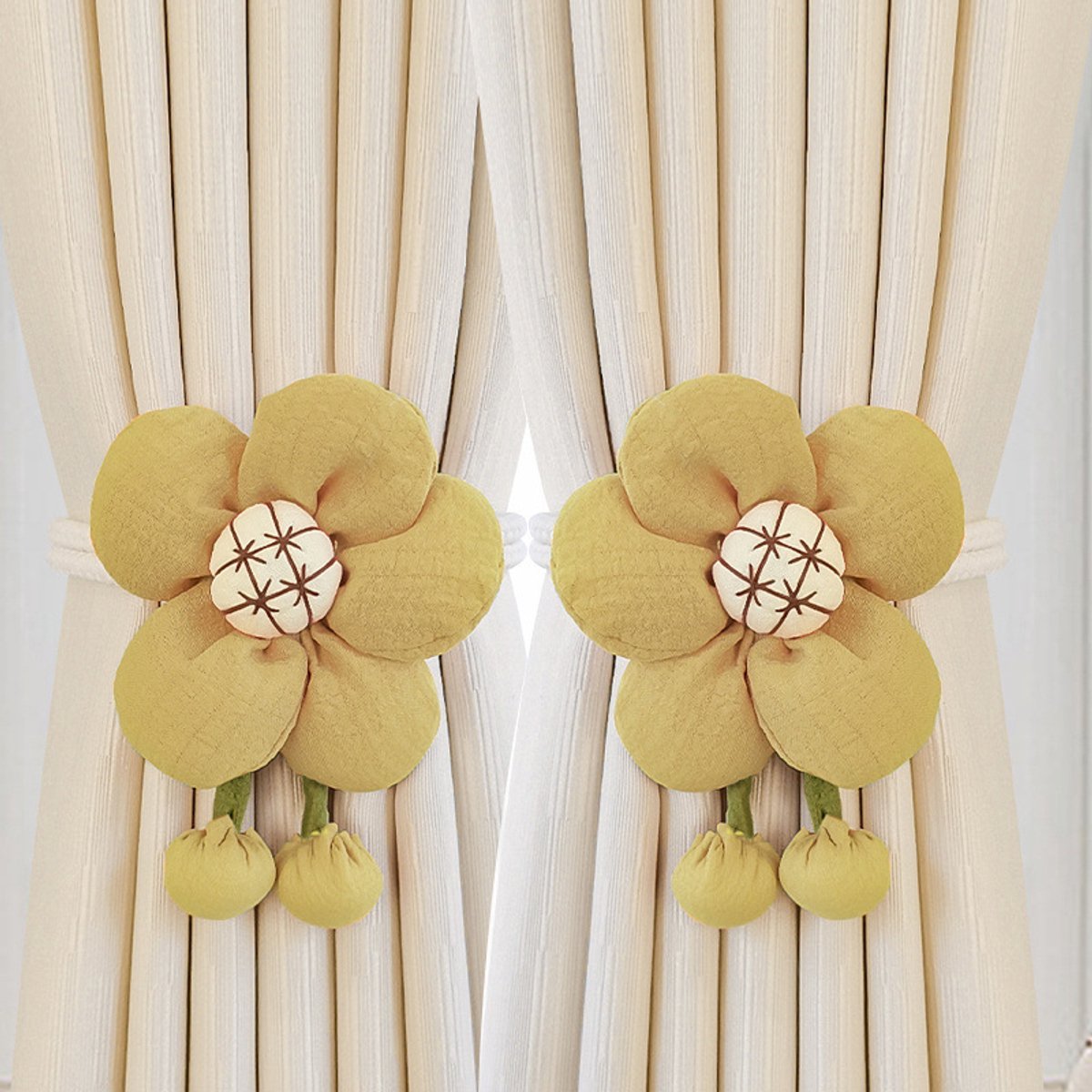 Gordijnhouder - Gordijn Embrasse Modern - Gordijnbinder Touw - Vijfsterrenbloem Gordijnbinders - Verstelbaar Lint - Bloem Ook Als Broche - 45cm - Geen Boren - Voor Woonkamer/Slaapkamer - Geelbruin (Kurkuma) - 45cm Per Stuk - 2 Stuks