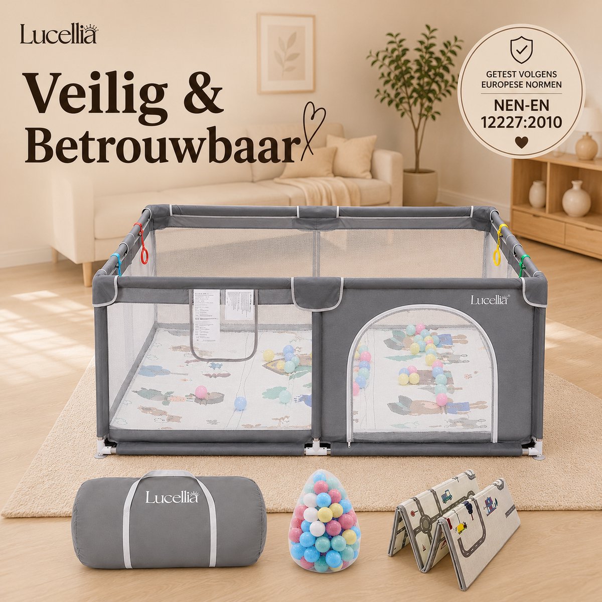 Lucellia® Grondbox Baby - Speelbox & Kruipbox - Inclusief Speelmat & 30 Ballen - Draagtas - Donkergrijs - 120x120x66 cm – foto 7