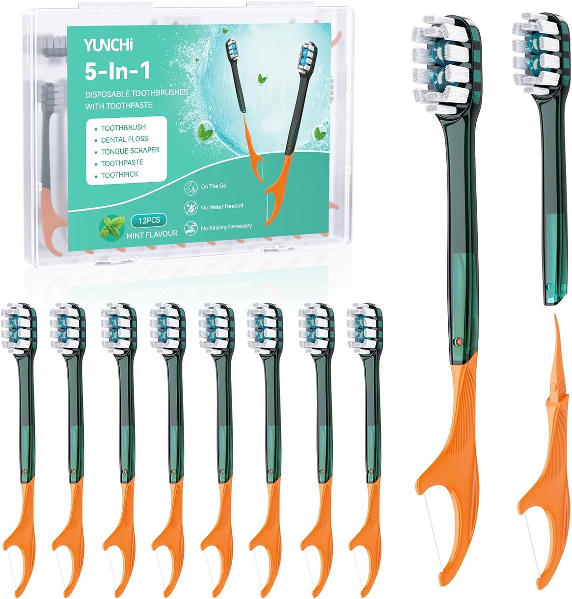 SnelShoppen - 12 Stuks 5-in-1 Mini Reiskwasten met Tandpasta, Tandenstokers, Tongschraper en Tandflos - Perfect voor Kinderen en Avontuurlijke Reizen