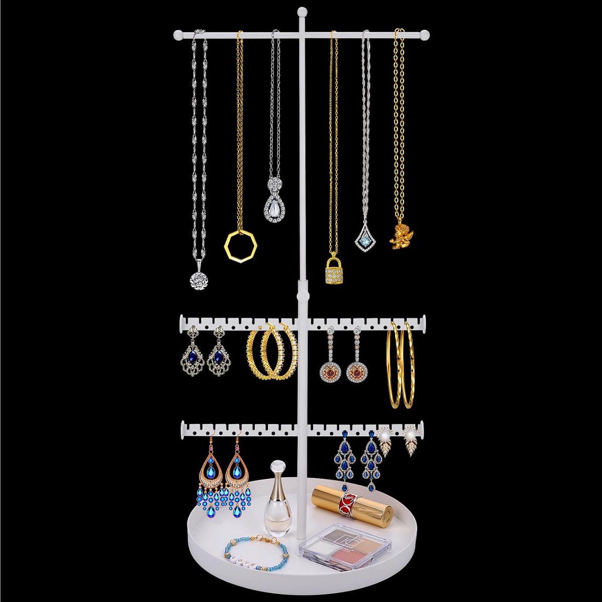 SnelShoppen - 3-Tier Jewelry Stand met Tray - Verstelbare Sieradenhouder Organizer voor Dames en Meisjes - Wit, voor Kettingen, Armbanden en Oorbellen