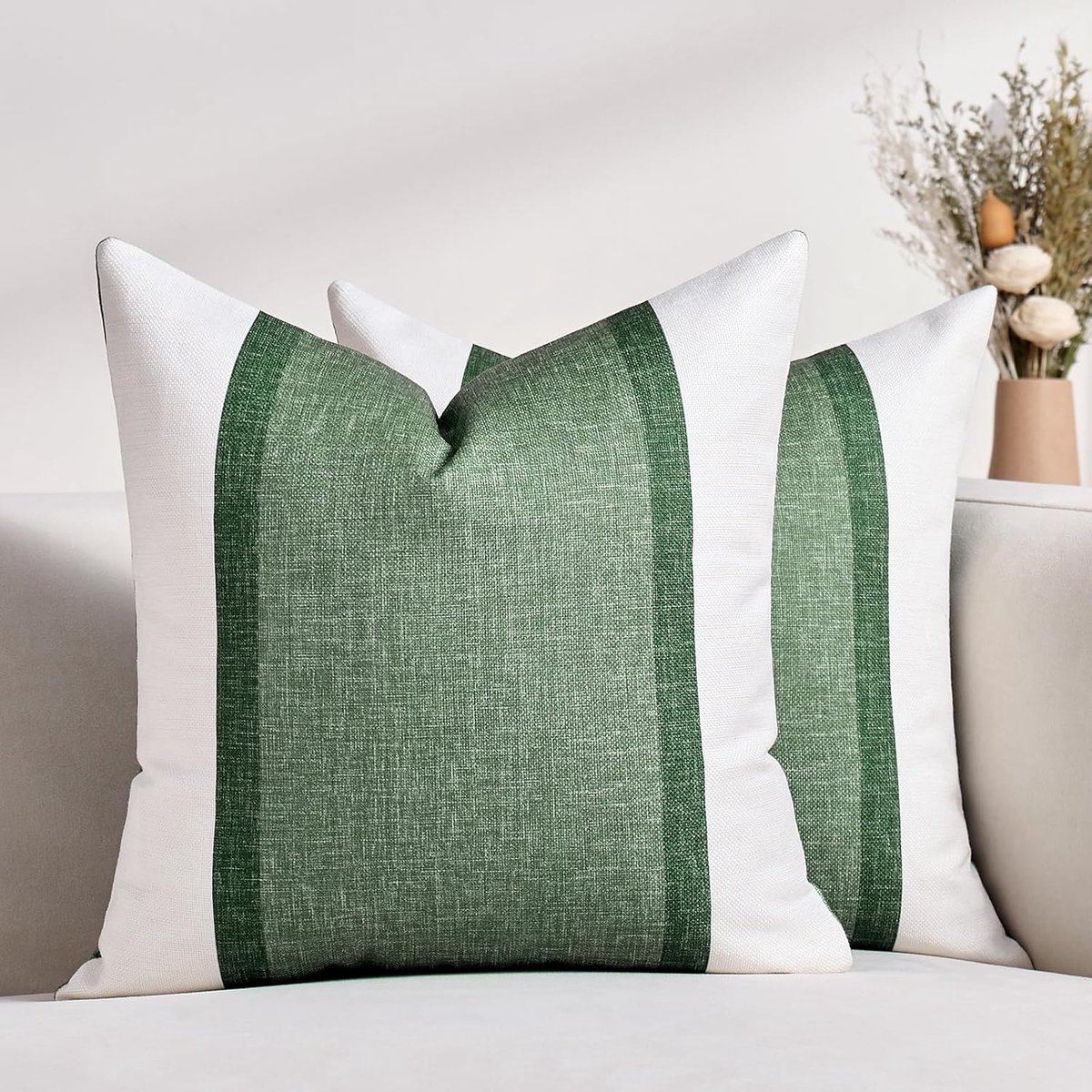 SnelShoppen - Set van 2 Groene Kussenhoezen 45 x 45 cm, Moderne Gestreepte Kussenhoezen van Linnen, Decoratieve Vierkante Kussens voor Bank, Stoel, So