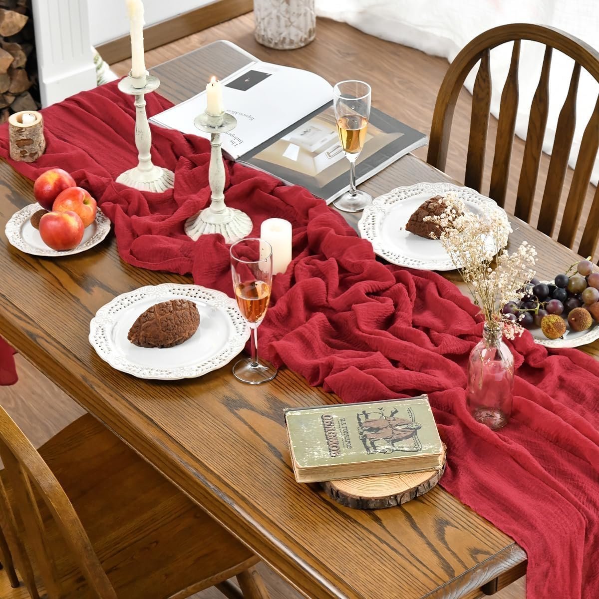 SnelShoppen - Boho Tafel Loper Rood 80 x 300 cm - 6 Stuks - Zachte Mesh Tafeldecoratie voor Feest, Bruiloft, Verjaardag en Binnenhuis