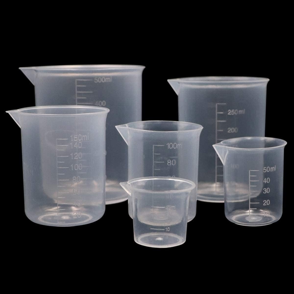 SnelShoppen - Plastic Meetbekers Set van 6 - Transparante Laboratorium Maatbekers 25ml, 50ml, 100ml, 150ml, 250ml, 500ml - PP Materiaal met Schaalmark