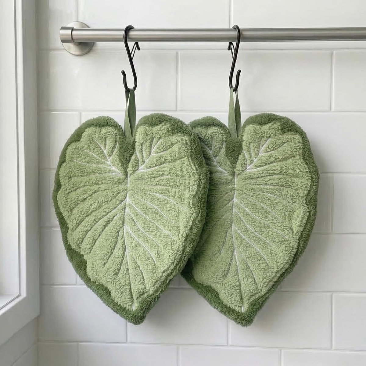 SnelShoppen - Set van 2 Groene Bladvorm Keukenhanddoeken, Zachte en Absorberende Theedoeken met Ophanglussen, Koraalfluwelen Handdoeken voor Keuken, B