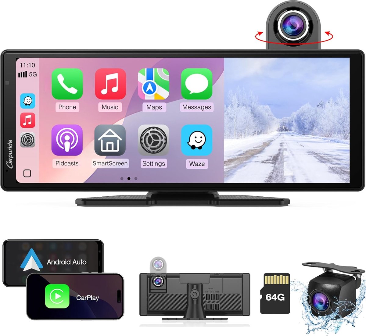 SnelShoppen - Draadloze Carplay & Android Auto met Dash Cam - 10.26" HD IPS Touchscreen, 4K Voor- en 1080P Achtercamera, Bluetooth Audio, GPS, Siri, L