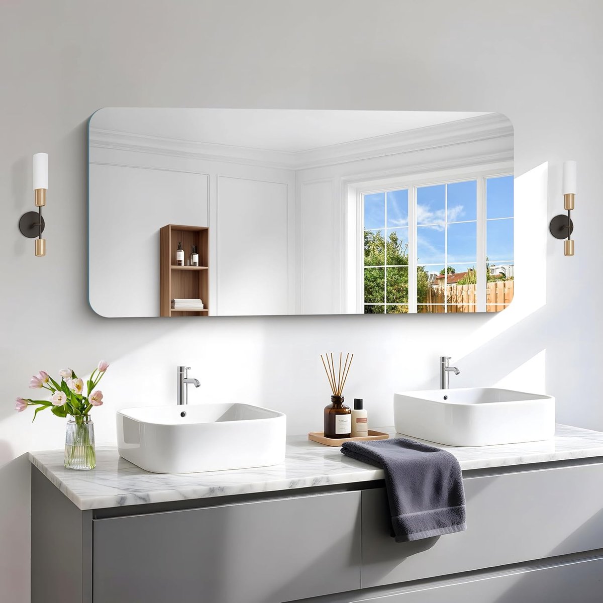 SnelShoppen - Rectangulaire Wandspiegel 60 x 120 cm - Frameloze Badkamerspiegel met Afgeronde Hoeken - Modern Design voor Badkamer, Slaapkamer en Woon
