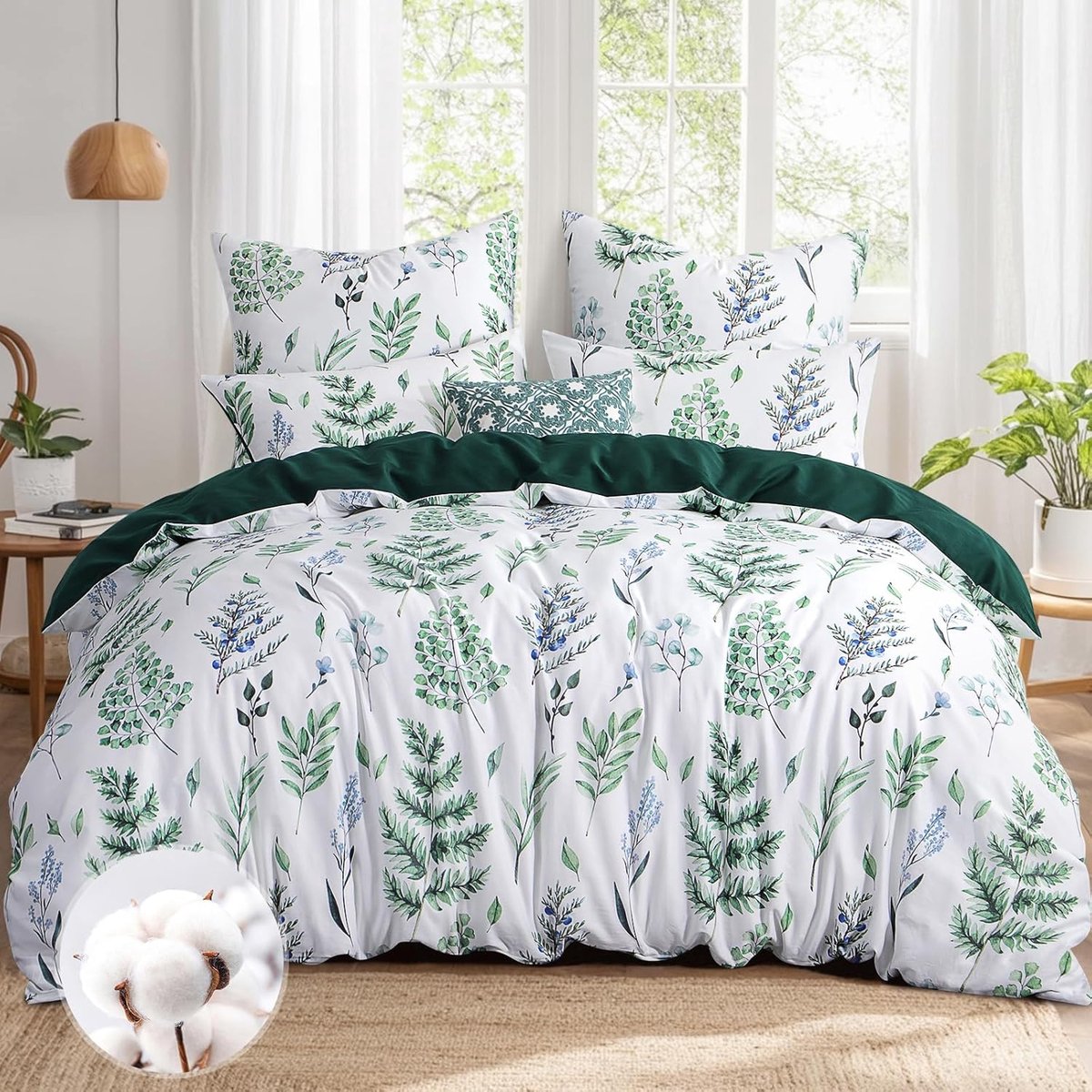 SnelShoppen - Luxe Bedlinnen Set 220 x 240 cm - 100% Katoen - Donkergroen met Plantpatroon - Inclusief 2 Kussenslopen 80 x 80 cm - Ademend en Zacht -