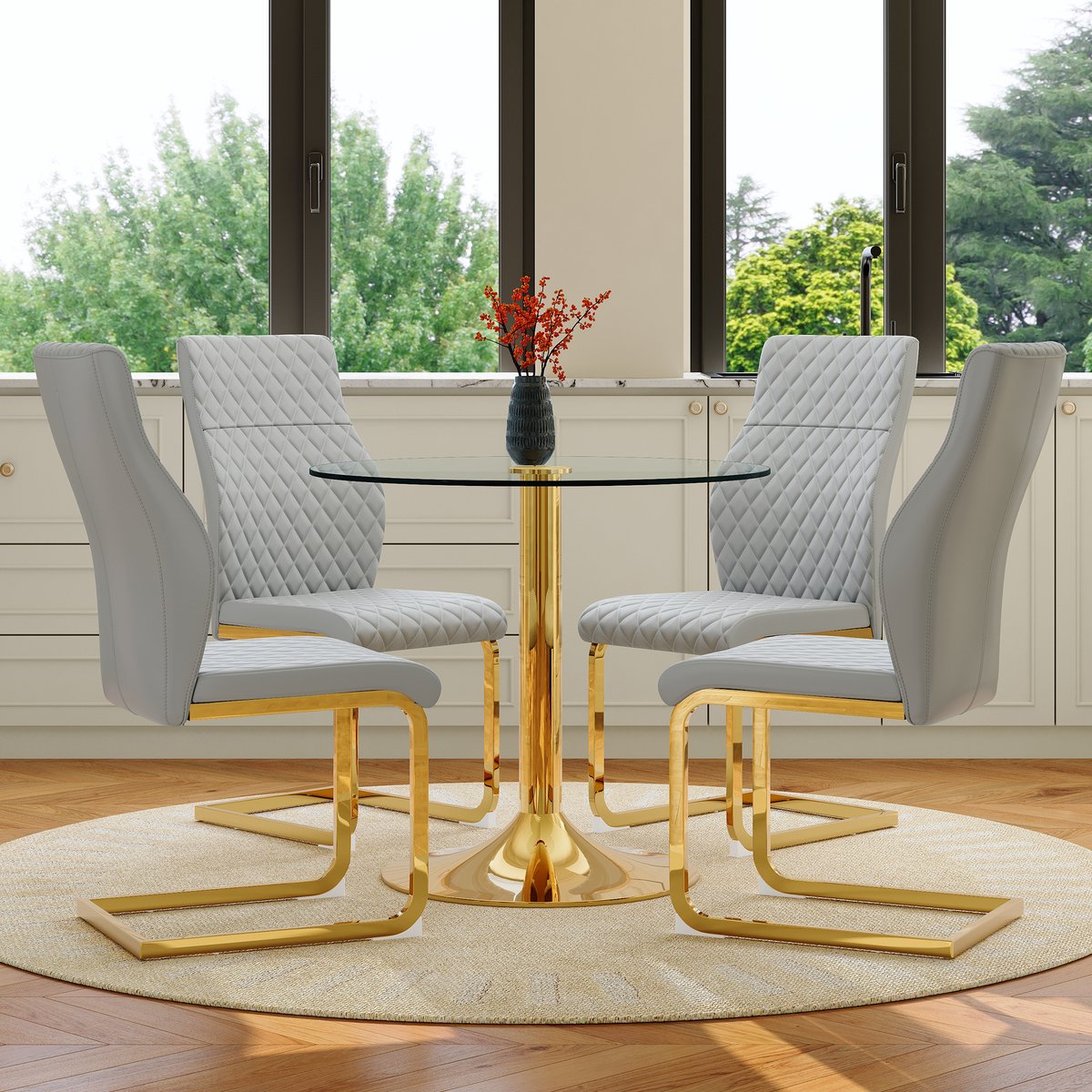MEUNIQ set tafel en stoelen met ronde glazen eettafel 85 cm en 4 lichtgrijze stoelen, goud