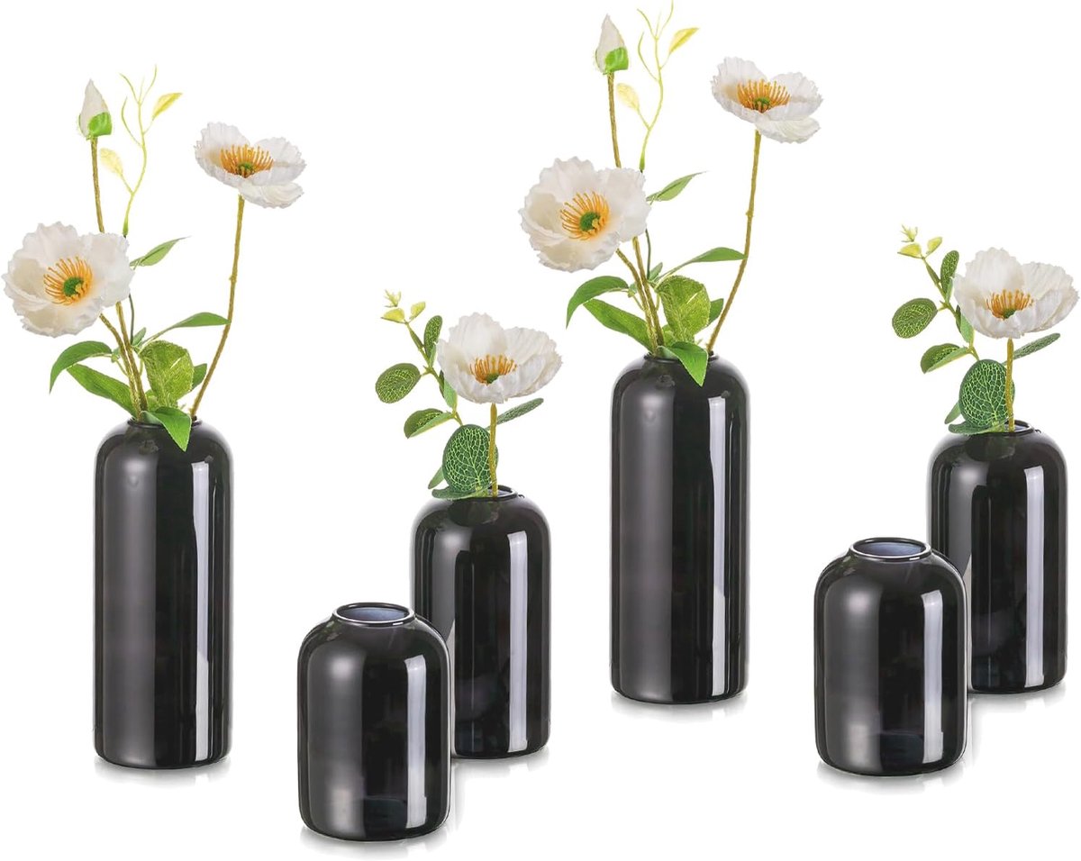 SnelShoppen - Set van 6 Zwarte Glazen Vazen voor Tafeldecoratie - Moderne Cylindervazen voor Bloemen - Hoogwaardige Borosilicate Glas - Perfect voor W