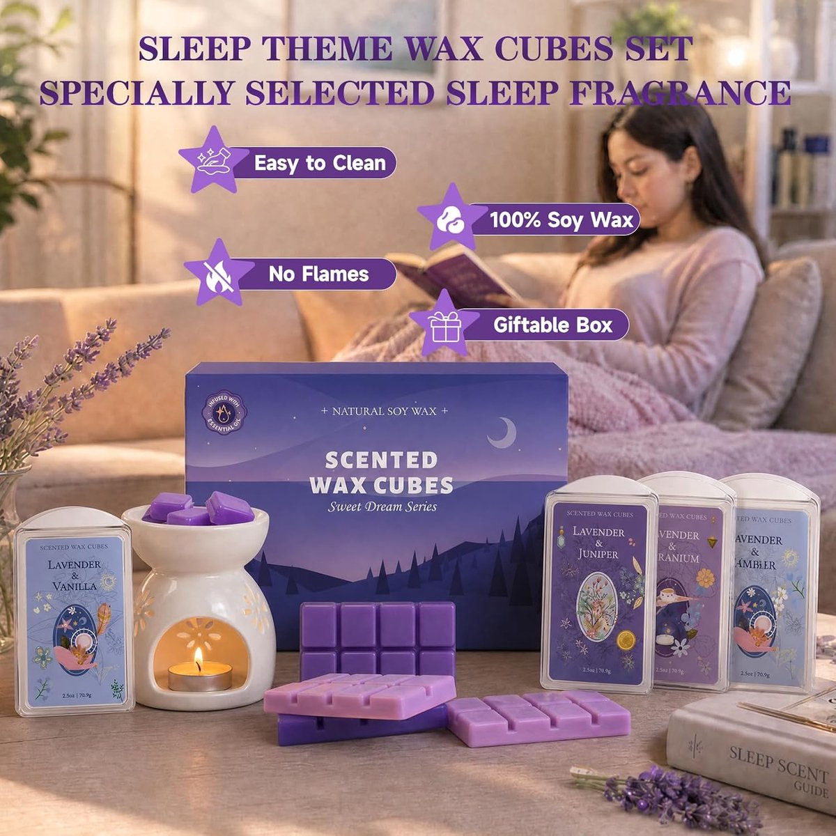 SnelShoppen - Wax Melts Geurset 4 Pack - Lavendel Geranium, Jeneverbes, Vanille, Amber - Geurende Wax Kubussen voor Wax Warmer - Soja Wax voor Ontspan