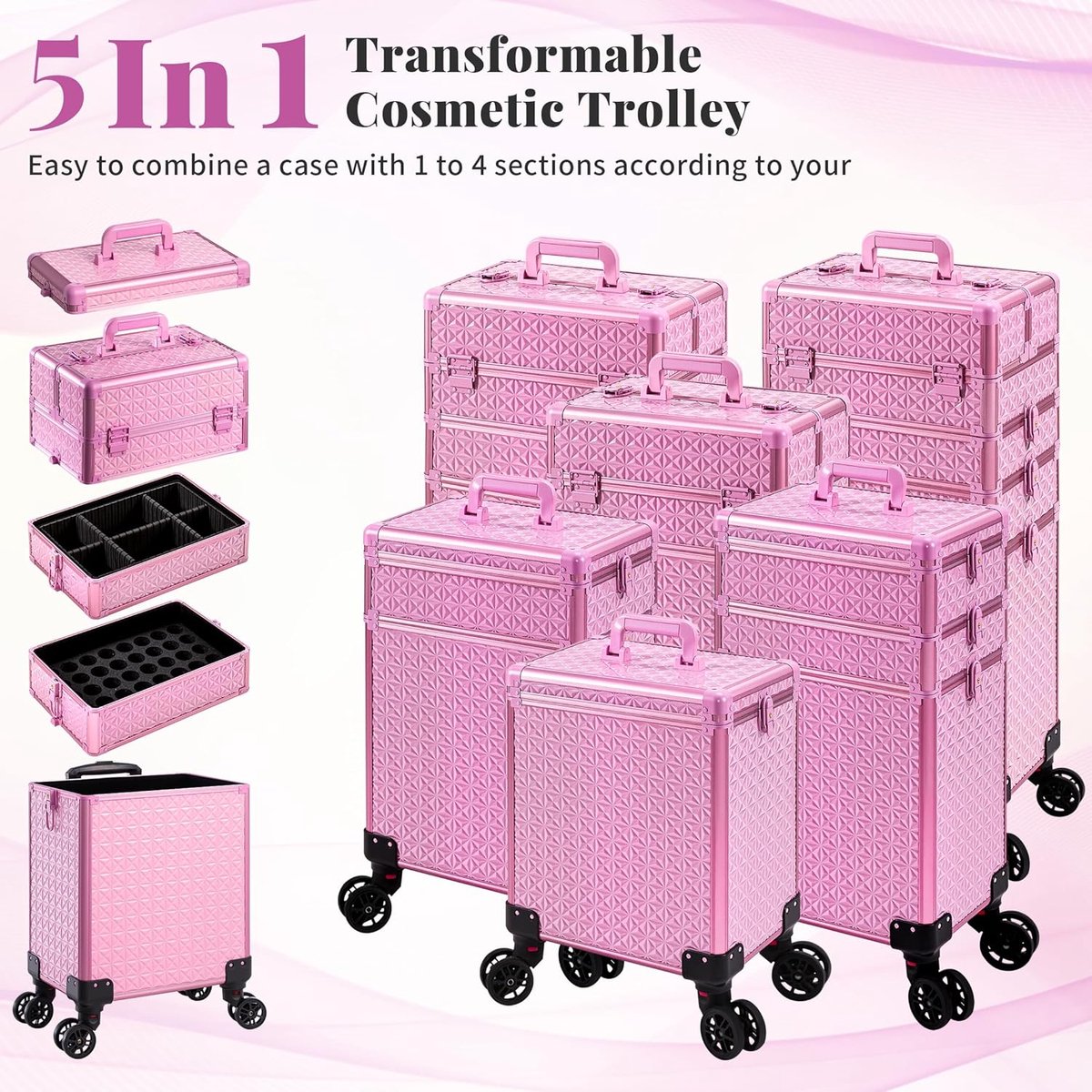 SnelShoppen - AROUS 5 in 1 Make-up Trolley voor Vrouwen, Professionele Rolling Makeup Case met Wielen, Grote Organiser met Slot, Roze Make-up Koffer v