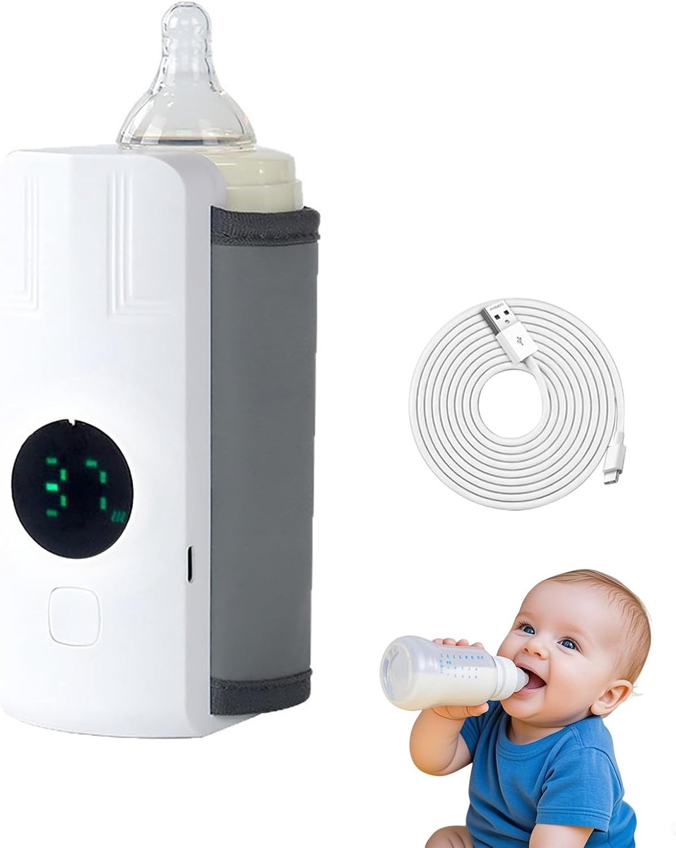 SnelShoppen - Babyfleswarmer Draadloos, 6000 mAh Accu, 6 Temperatuurinstellingen, LCD Scherm, Snelle Waterloze Verhitting voor Borstvoeding en Voorber