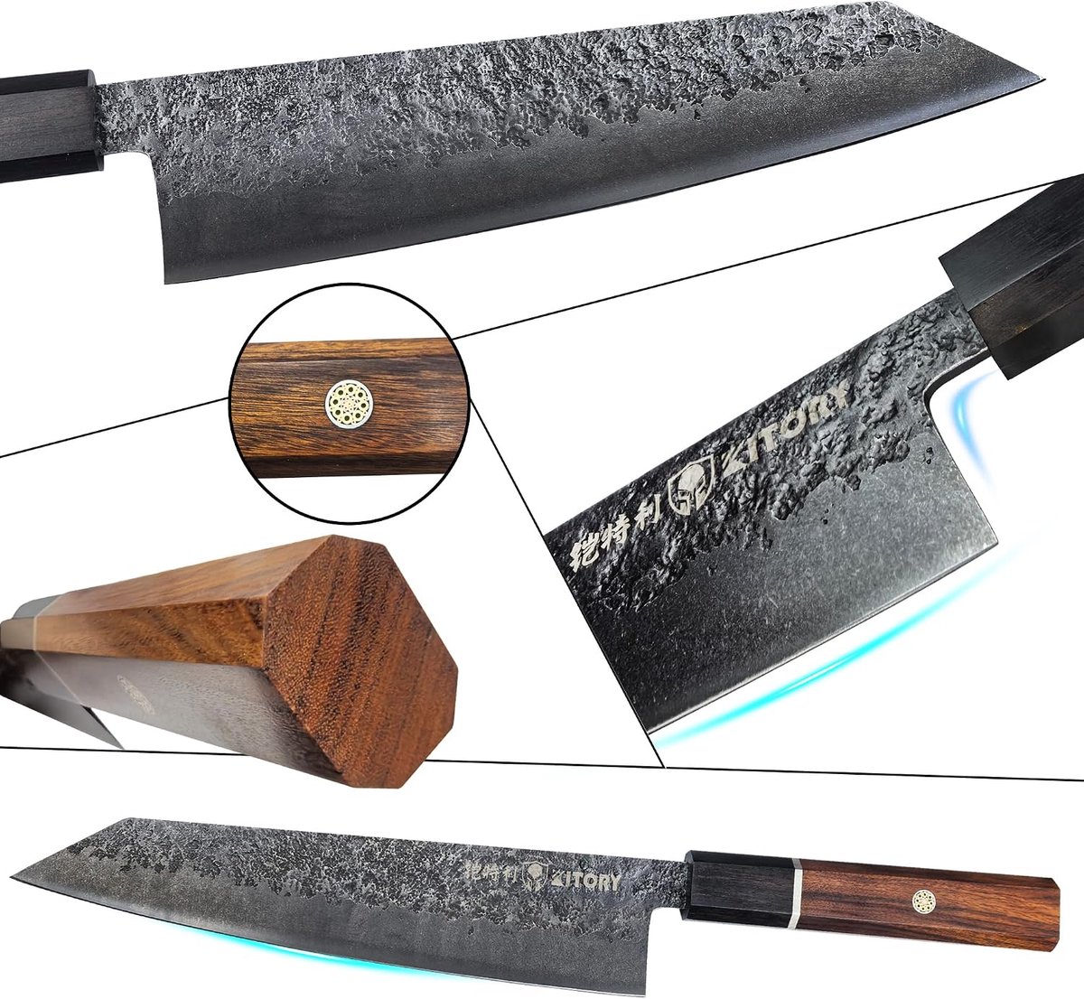 SnelShoppen - KITORY Japanse Kiritsuke Kookmes 20 cm – Professioneel Koksmes met Super Scherp Blad en Elegante Zwarte Houten & Rode Rubber Handgreep –