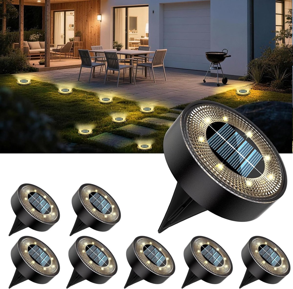 SnelShoppen - 8 Stuks Solar Tuinverlichting - IP68 Waterdicht, 8 LEDs, Oplaadbare Buitenverlichting voor Tuin, Oprit, Pad en Terras - Warm Wit - Plast