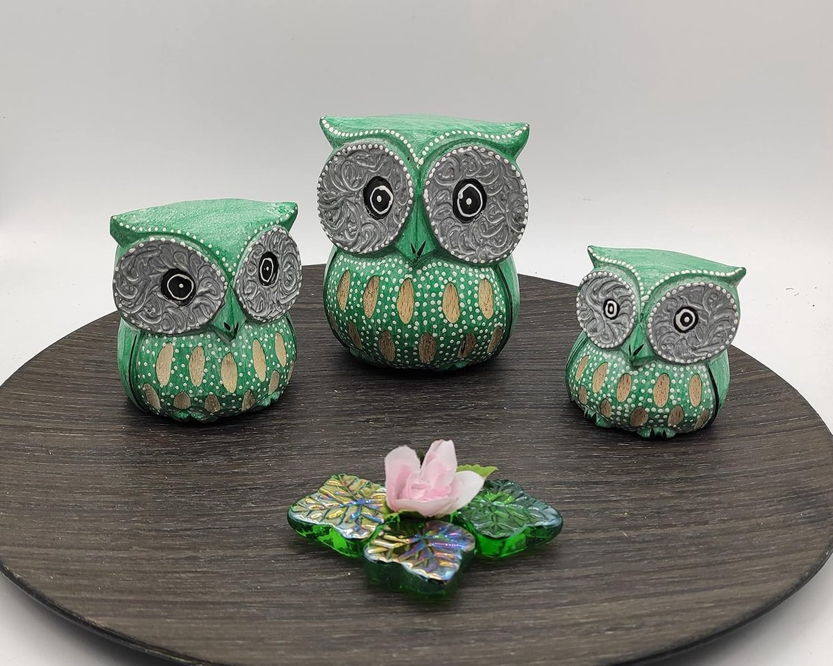 SnelShoppen - Set van 3 Handgemaakte Houten Uilen Decoratie - Gelukshangers voor Woonkamer, Tuin, Feest - Lichtgroen - Unieke Ambachtelijke Decoratie