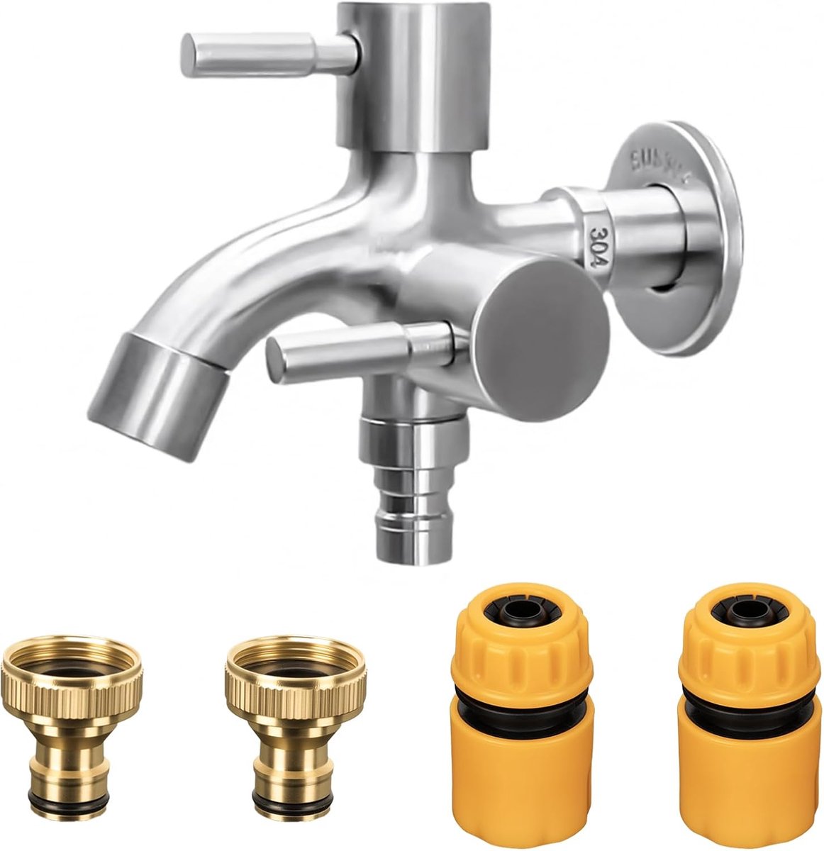 SnelShoppen - Universele Dubbele Kraan 1/2 Inch Messing RVS Vorstbestendig met 2 x Slangaansluitingen, 1 x Rolafdichtband voor Wasmachine, Tuin, Keuke