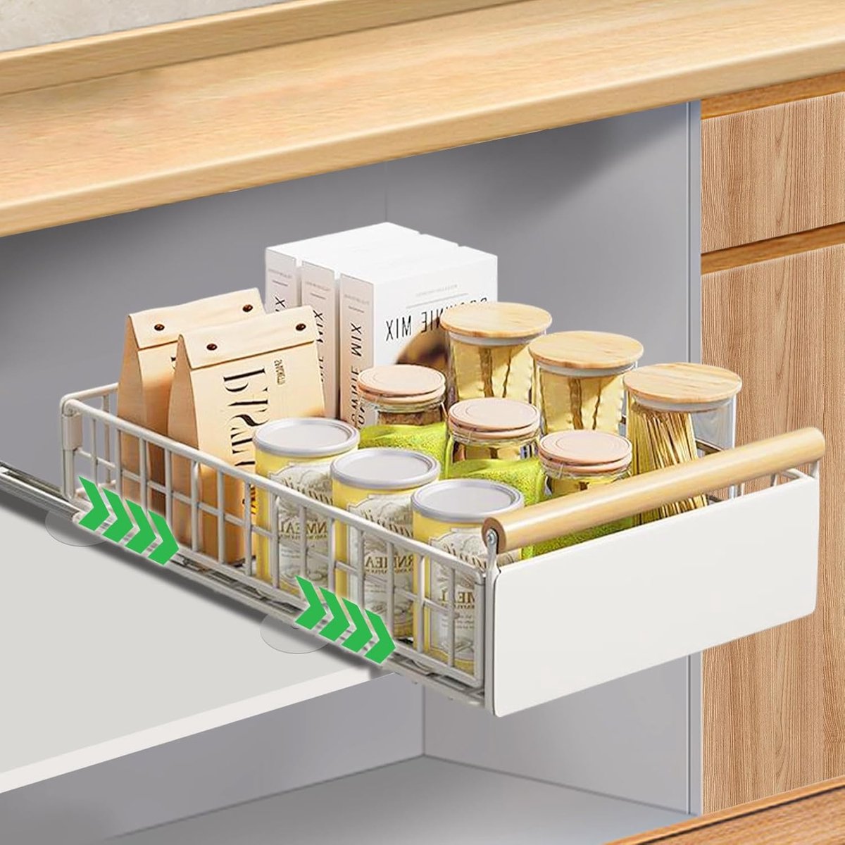 SnelShoppen - Uittrekbare Kast Organizer met Handvat, Vouwbare Uittrekbare Laden, Stevige Roll-Out Plankopslag voor Keuken, Pantry en Badkamer, Wit, K
