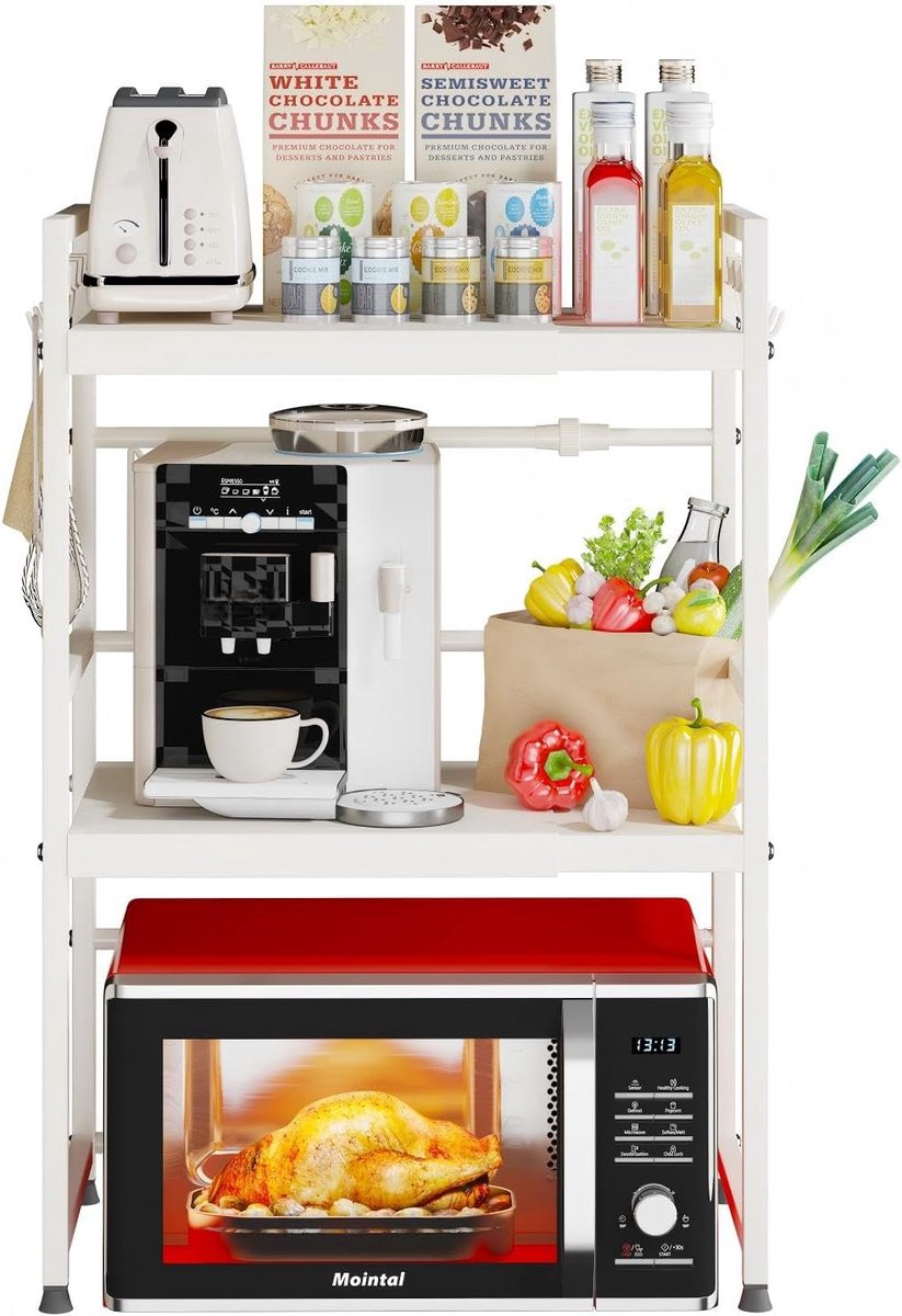 SnelShoppen - Expandable Microwave Rack - 3-Layer Keuken Magnetron Stand - Carbon Staal Countertop Magnetron Houder - 8 Haakjes - Wit - Keuken/Dining