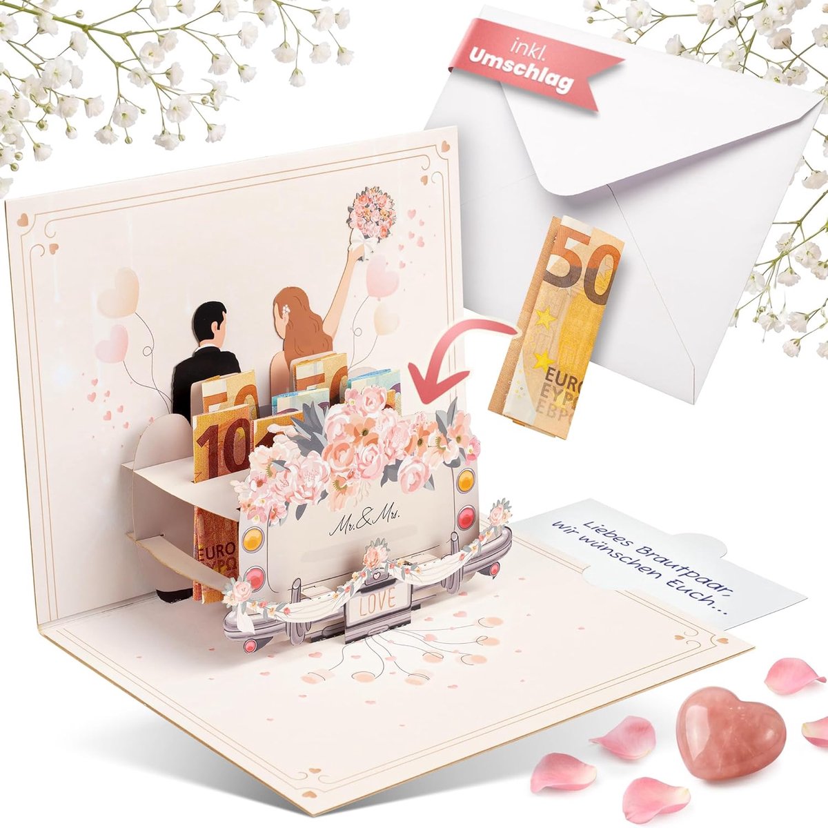 SnelShoppen - Pop Up Wedding Card - 3D Geld Cadeau voor Bruiloft - Persoonlijke Trouwen Kaart - Geld Geschenk Idee - Perfect voor Bruidspaar - Feestel