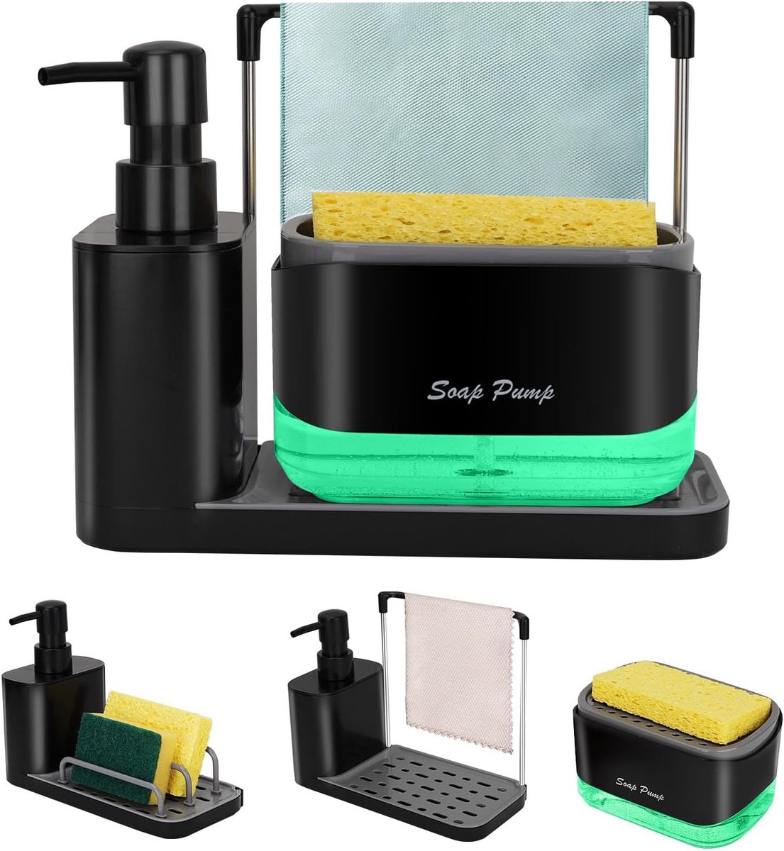 SnelShoppen - 3-in-1 Keuken Zeep Dispenser Set met Sponshouder en Doekhouder, Multifunctioneel Organizersysteem voor Keukensink, Zwart