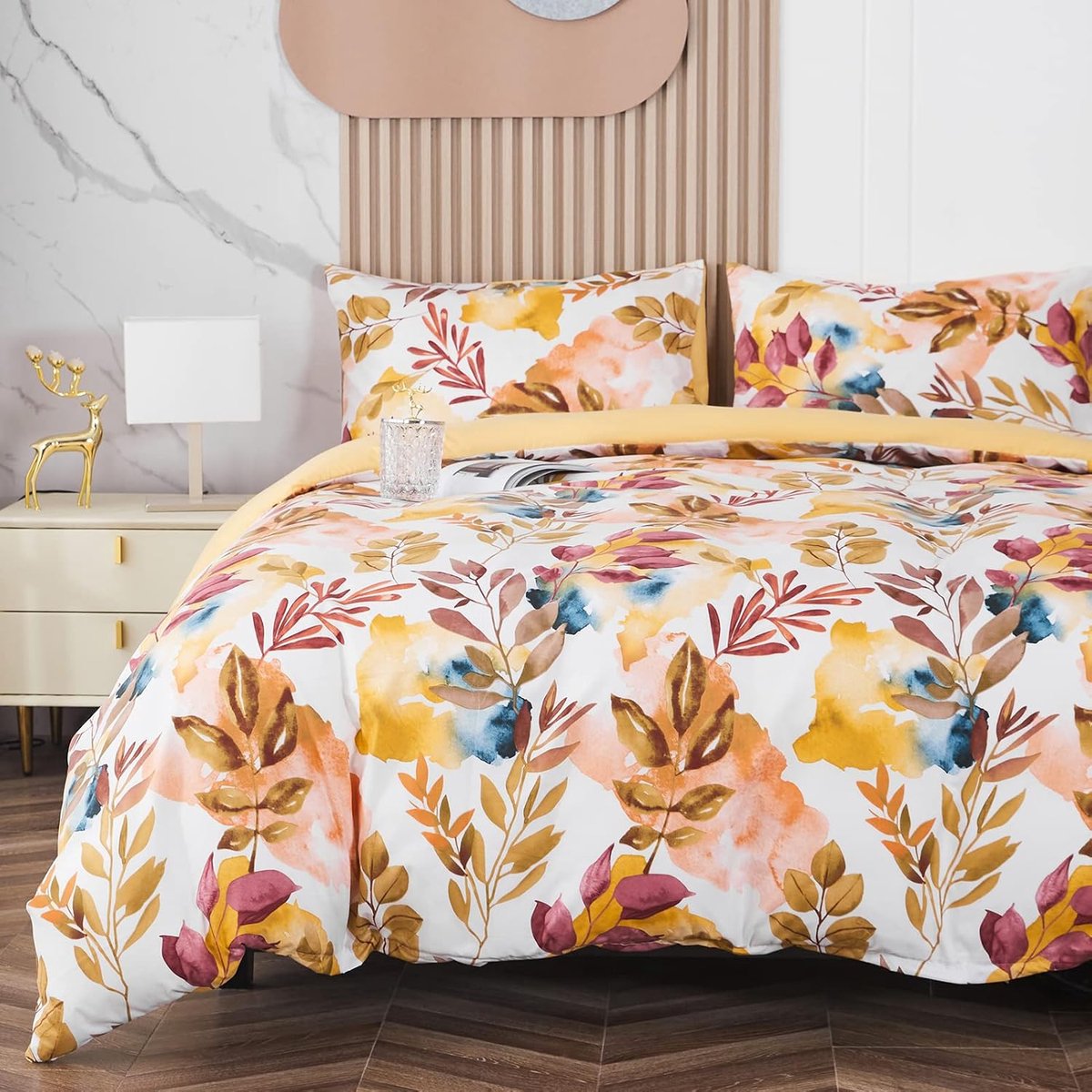 SnelShoppen - Floral Dekbedovertrek Set met Voorjaarsbloemen en Bladeren, 200x220cm met 2 Kussenslopen 80x80cm, Zacht 100% Microfiber, Modern Geel, Pe