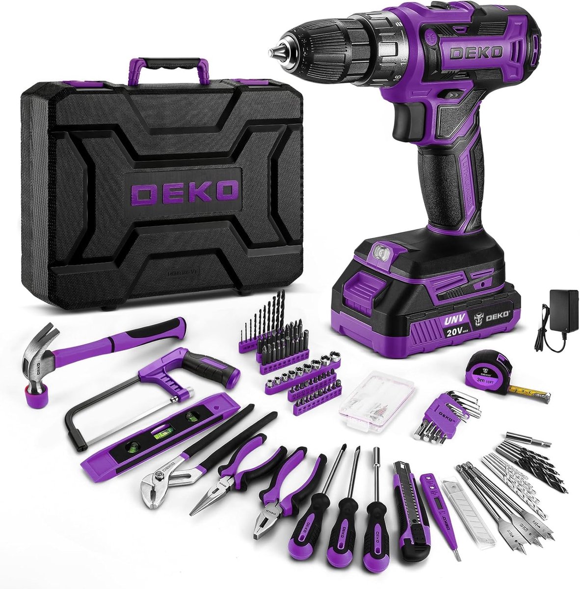 SnelShoppen - 186-delige gereedschapskoffer met accuschroevendraaier, 20 V accuboormachine, paars, complete handreparatie set voor thuis, klussen, en