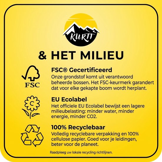 Gele achtergrond met tekst en pictogrammen over milieu-informatie: FSC Gecertificeerd, EU Ecolabel, 100% Recyclebaar.