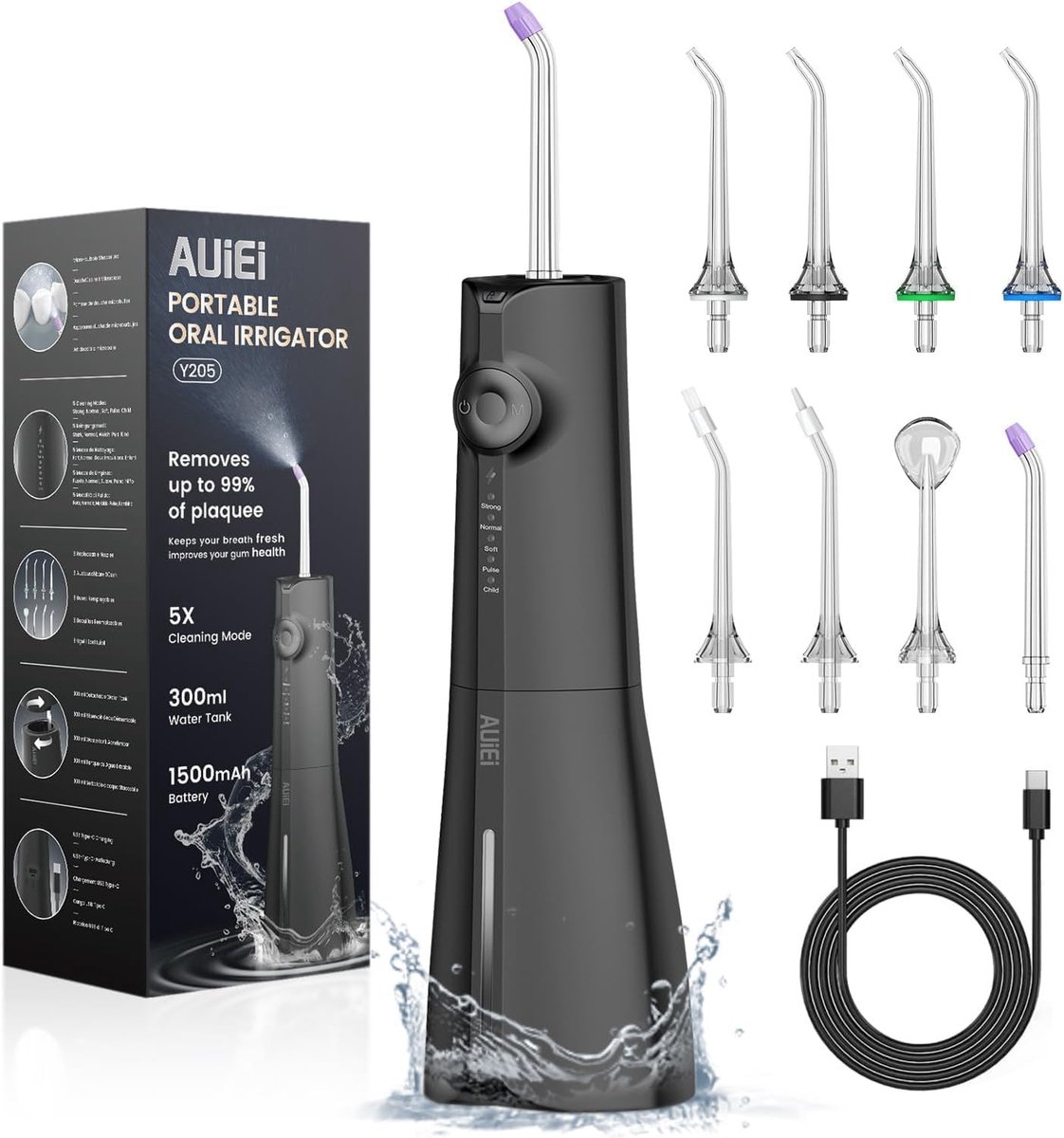 SnelShoppen - Draadloze Water Flosser, 5 Modi, 8 Mondstukken, 300 ml Tank, USB Oplaadbaar, IPX7 Waterdicht, Geschikt voor Gevoelige Tandvlees, Zwart