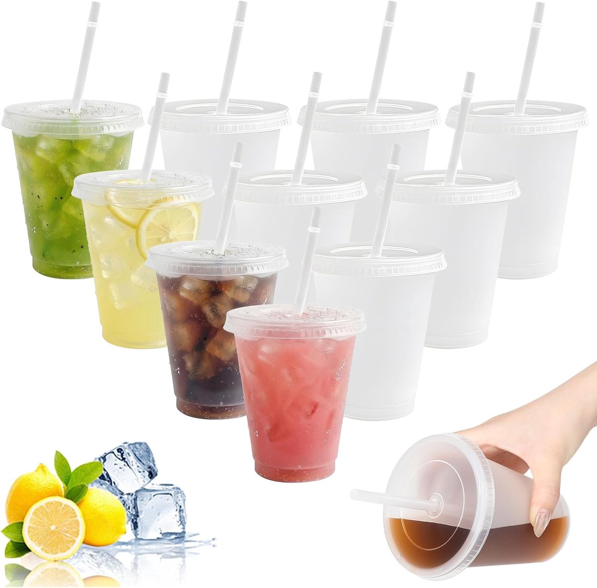 SnelShoppen - 10 Stuks Plastic Bekers met Deksel en Rietjes 16oz/475ml Herbruikbare Smoothie en Iced Coffee Cups voor Feest, Camping en Reizen
