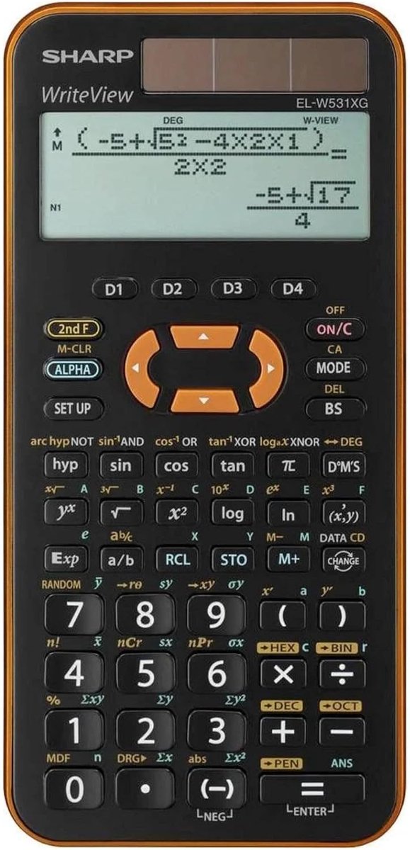 SnelShoppen - Wetenschappelijke Rekenmachine met Schrijfweergave, 335 Functies, TWIN Power, 4-regelige Display, Metallic Oranje, Perfect voor Gymnasiu