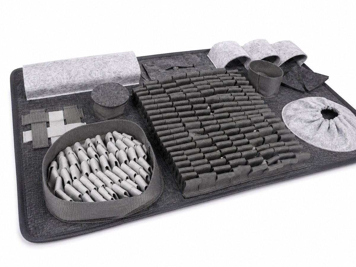 ZoeZo Snuffelmat Hond 65 x 45 cm - Anti-Schrok Voermat - Slowfeeder - Likmat - Denkspel met 10 Zoekzones - Verschillende Moeilijkheidsniveaus - Grijs
