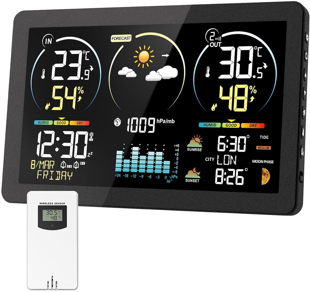 SnelShoppen - Aangesloten Weerstation Draadloze Thermometer met Digitale Atoomklok, Groot Display, Instelbare Achtergrondverlichting, Vochtigheidsmoni