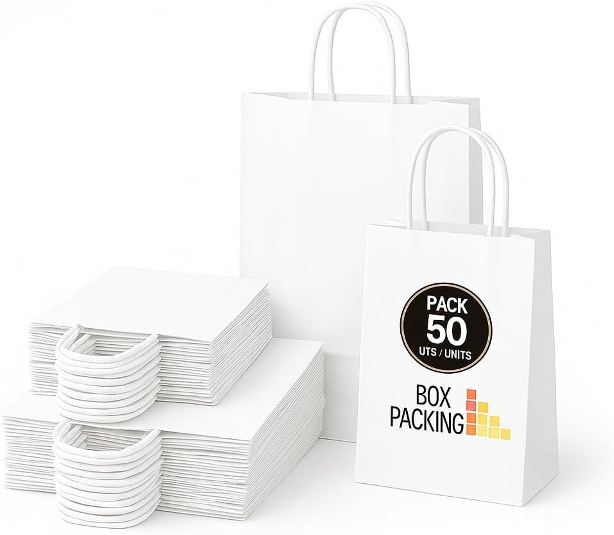 SnelShoppen - 50 Witte Papieren Tassen met Handvatten | 25 Grote (32x24x11 cm) en 25 Kleine (24x18x8 cm) Kraft Tassen | Perfect voor Cadeaus, Evenemen
