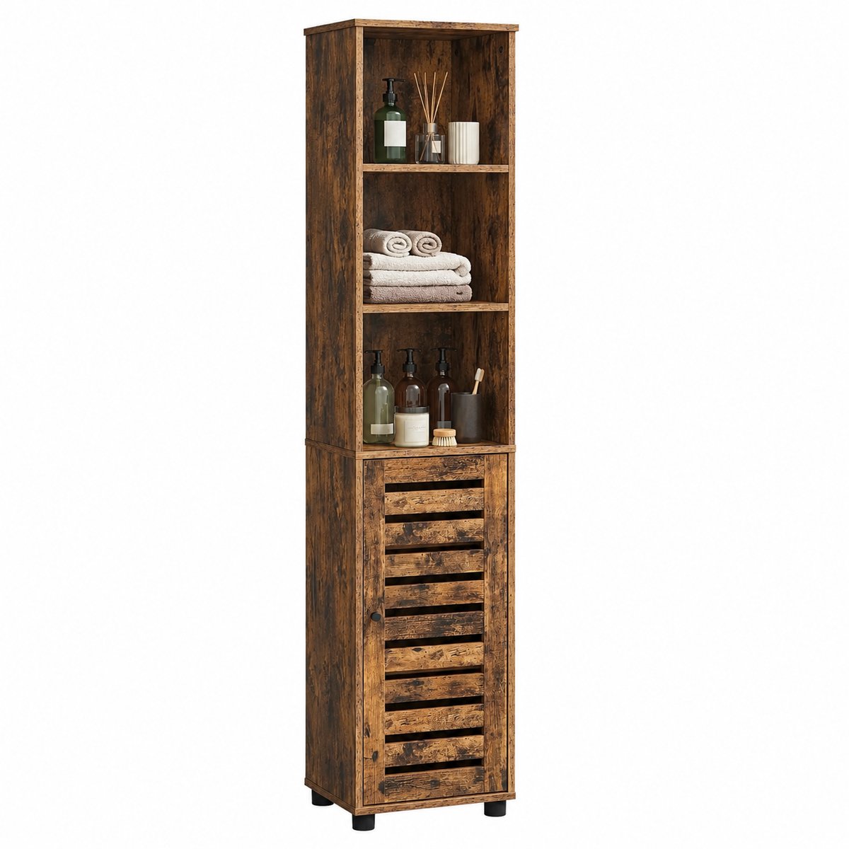 ITRONIQ Badkamerkast Industrieel 167x40x30 CM - Hoge Badkamerkast Met Deur en 6 Vakken - Verstelbare Planken - Vintage Bruin