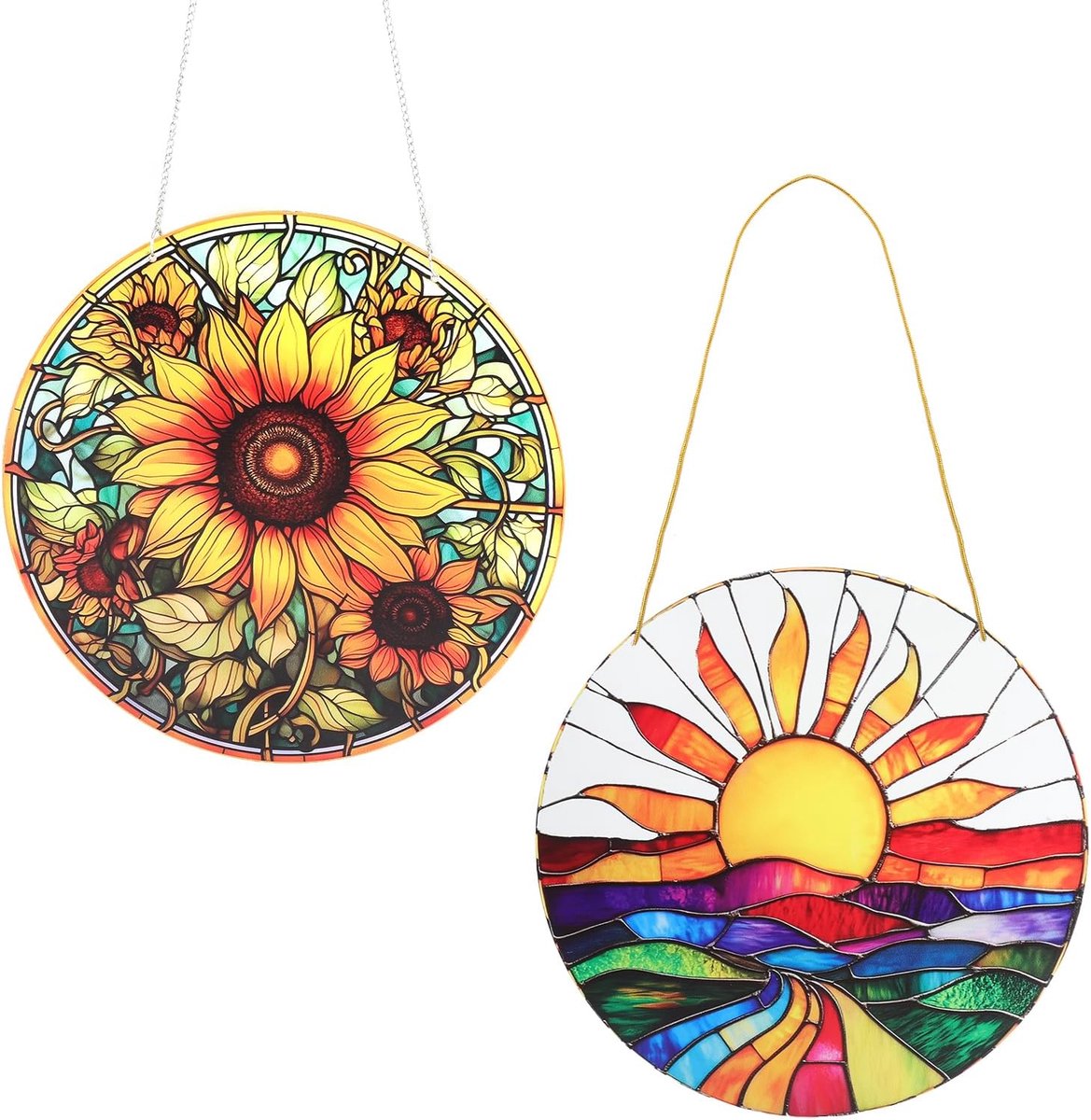 SnelShoppen - 2 x Sun Catchers 20x20 cm Kleurige Glazen Raamdecoratie, Boho Stijl, Inclusief Ketting en Haak voor Tuin, Balkon, Woonkamer en Slaapkame