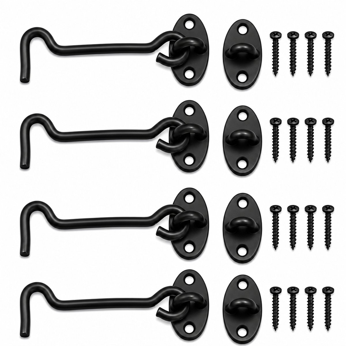 Zwarte Windhaak 11cm met Oog - 4 sets - 4 Zware RVS Deurhaken met 4 Schroeven per Set - Stevige Windhaak voor Deuren, Poorten, Hekken en Kasten (110mm)